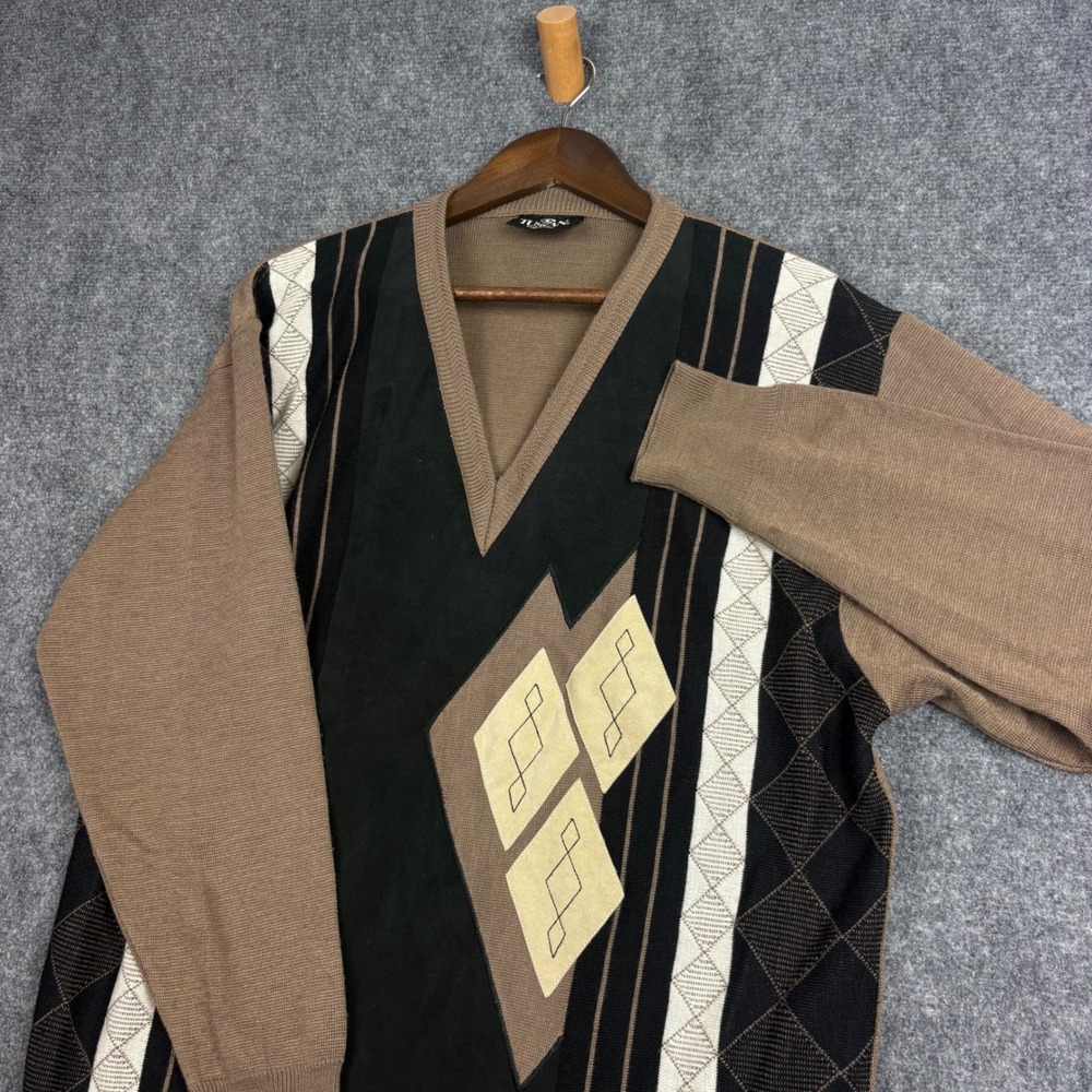 Tuscan Mens V-Neck Sweater Brown Black Geometric Argyle Wool Blend Made in Italy